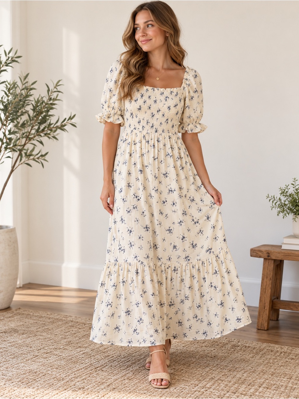 Cream Floral Square-Neck Maxi Dress with Puff Sleeves